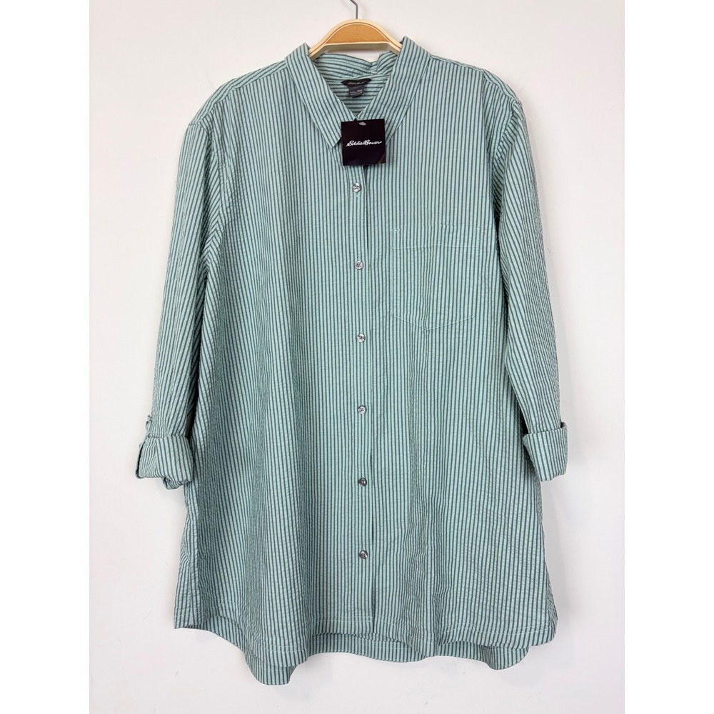 Eddie Bauer Womens Long Sleeve Sunray Seersucker Shirt Green Stripe Size 2XL
